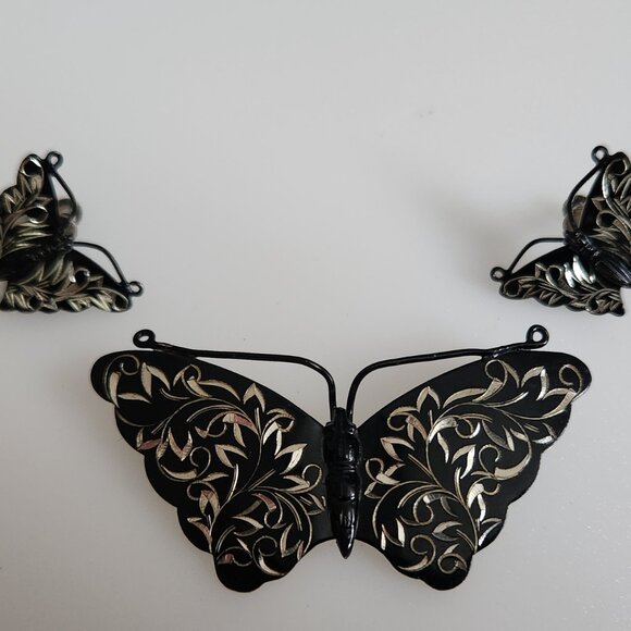 1950-S SK JAPANESE VINTAGE BLACK ENEMEL ENGRAVED STERLING SILVER BUTTERFLY BROOC - Picture 2 of 7